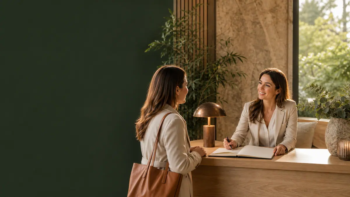 A welcoming appointment conversation at a refined reception desk