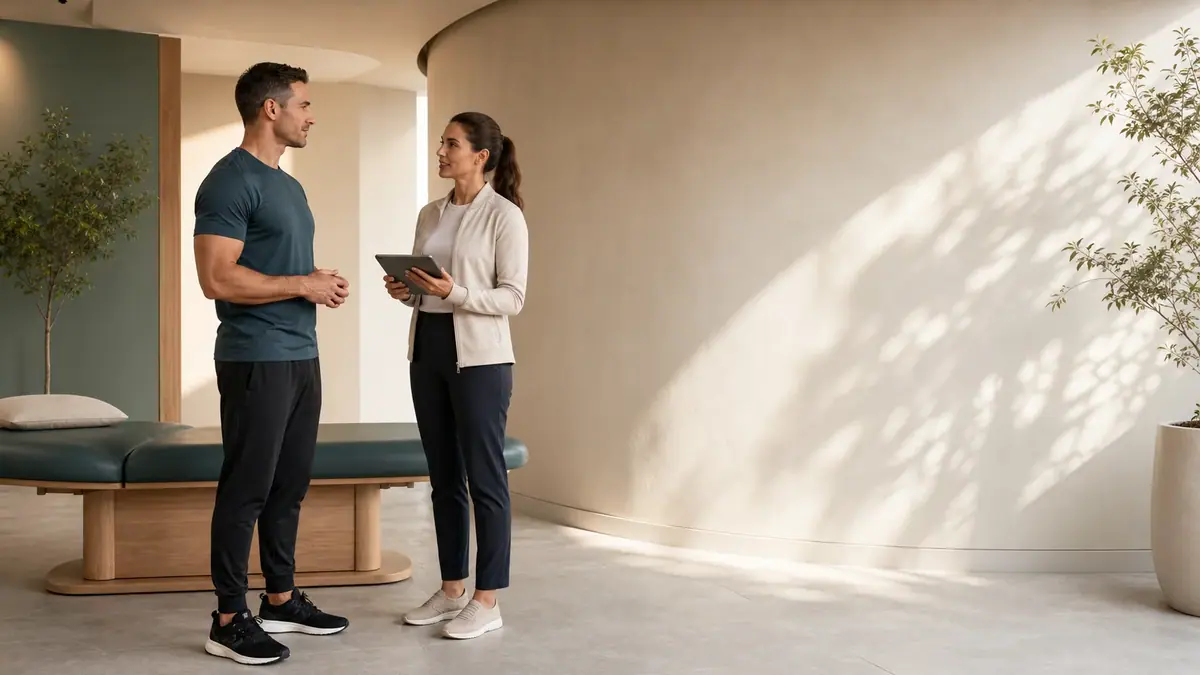 A posture and rehabilitation consultation in a warm modern clinic