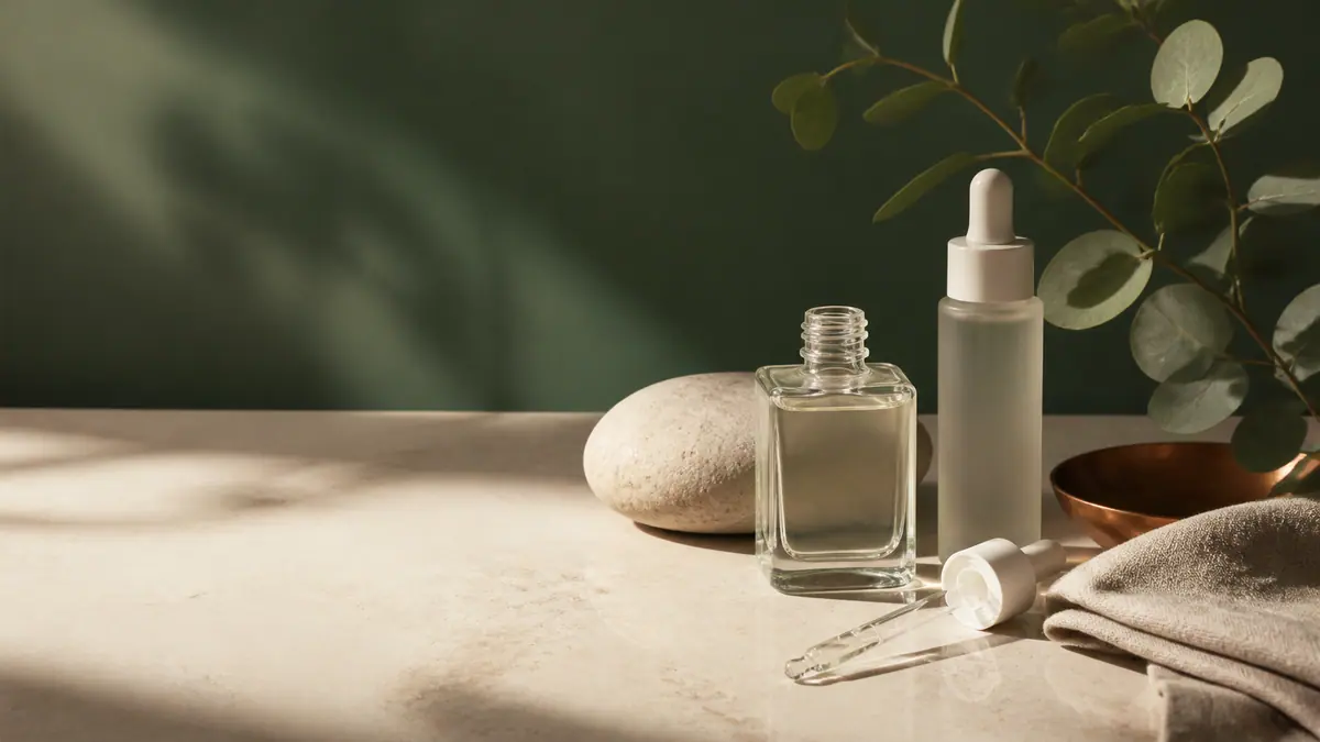 A thoughtful skincare still life with serum, linen, stone and eucalyptus