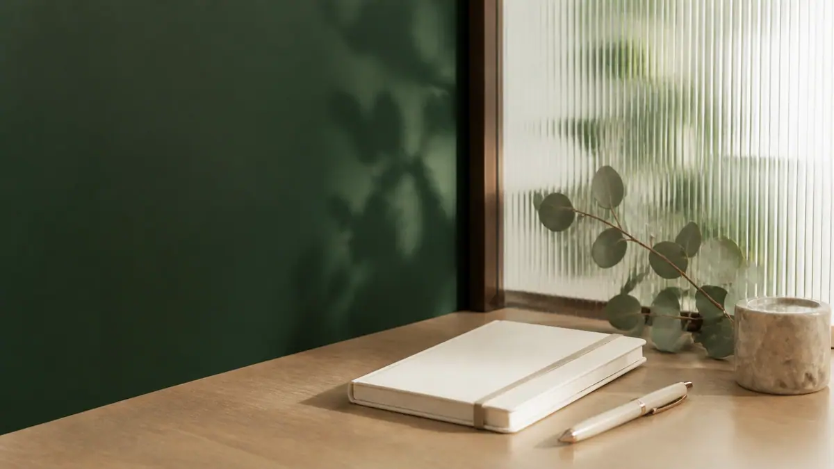 A closed notebook in a calm private office setting