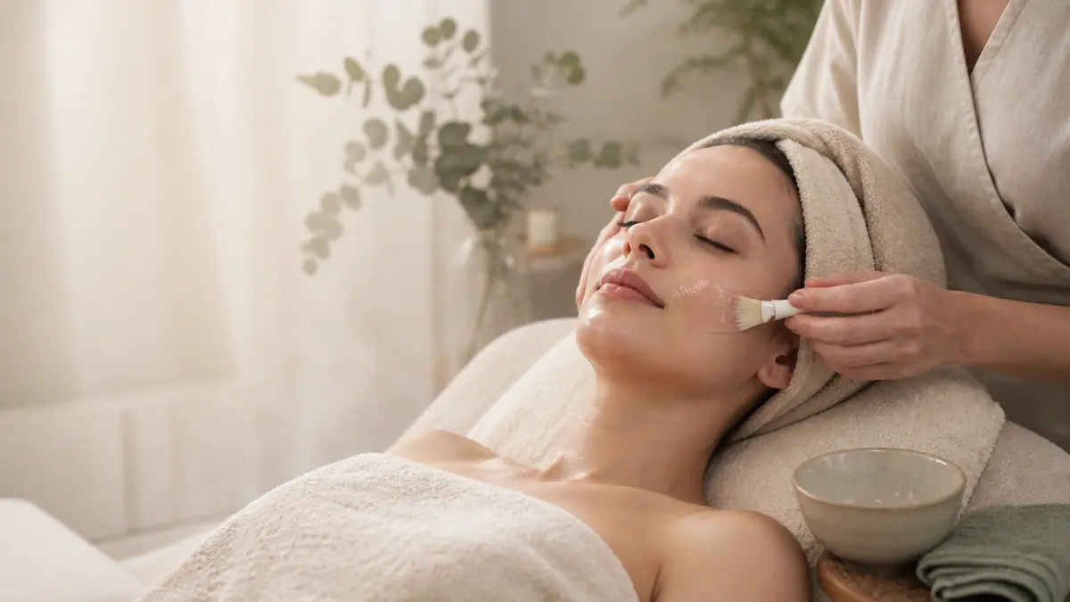 A relaxed client receiving a gentle facial skincare treatment