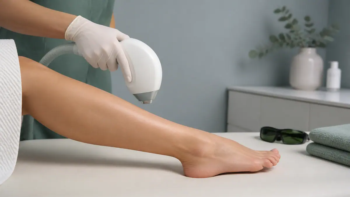 A laser hair-removal handpiece positioned above a client’s lower leg