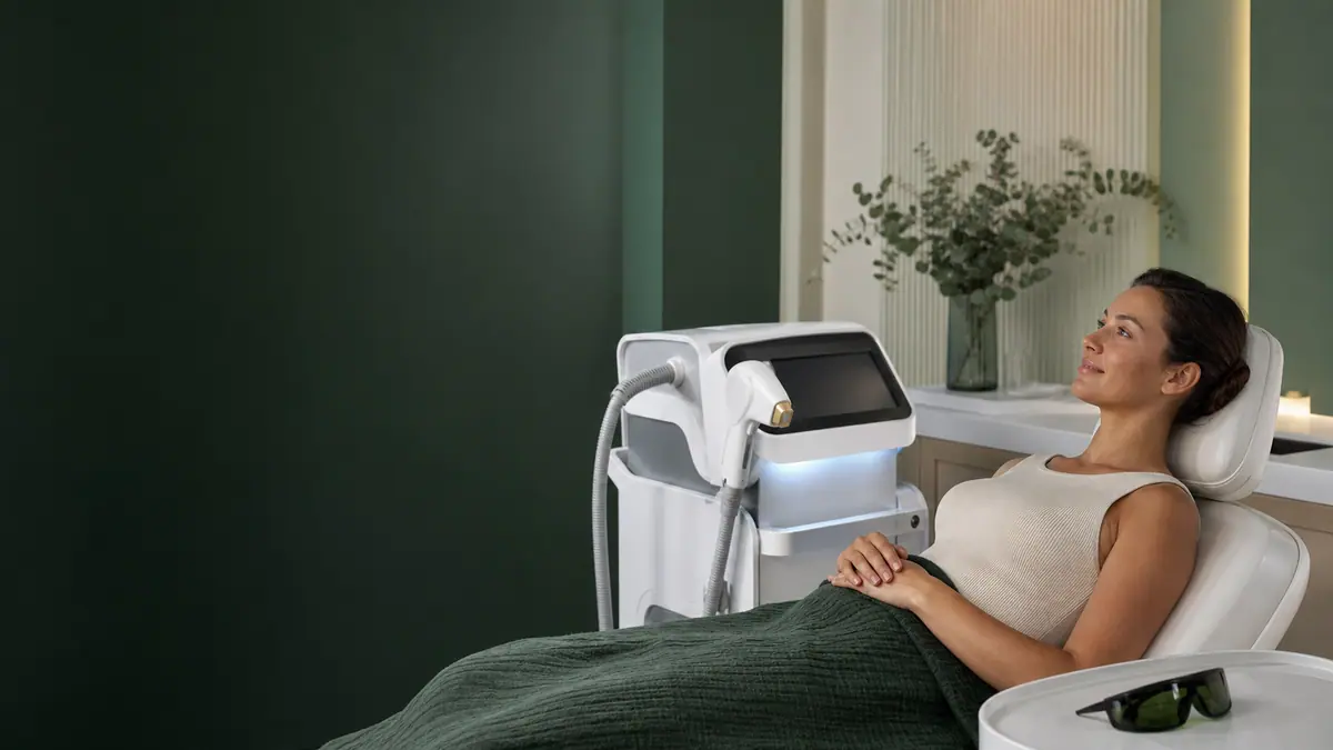 A client resting beside laser and IPL equipment with protective eyewear nearby