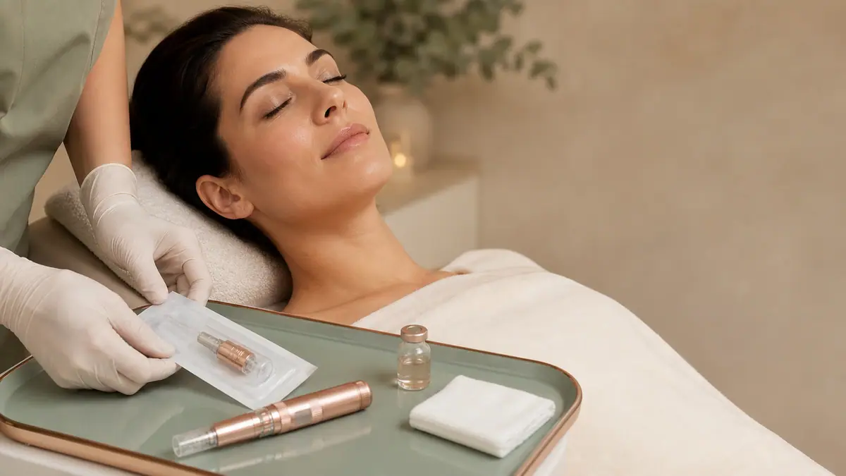Microneedling equipment and serum prepared beside a relaxed client