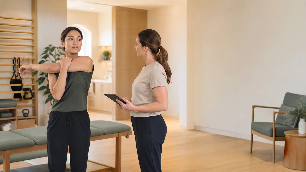 A client completing a shoulder mobility assessment with a rehabilitation professional